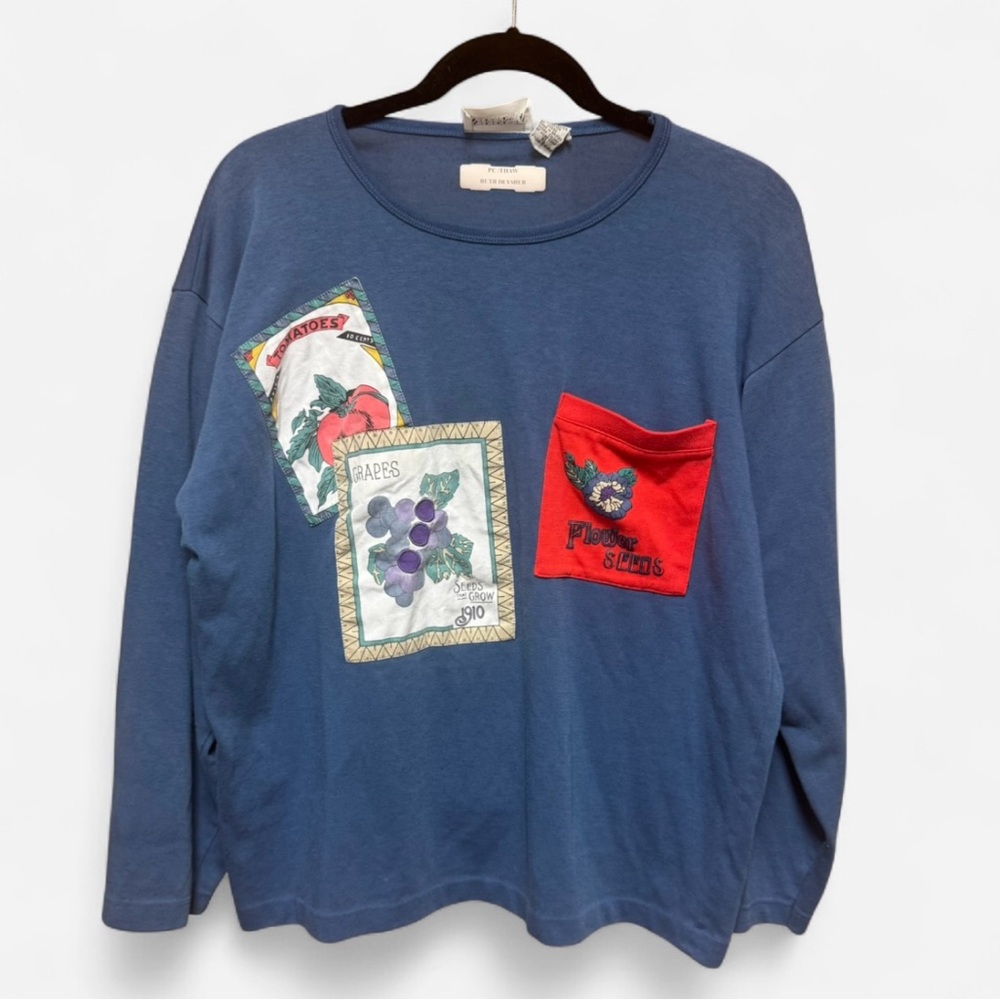 Vintage Blue Suburbans Seed Packet Long Sleeve Blouse